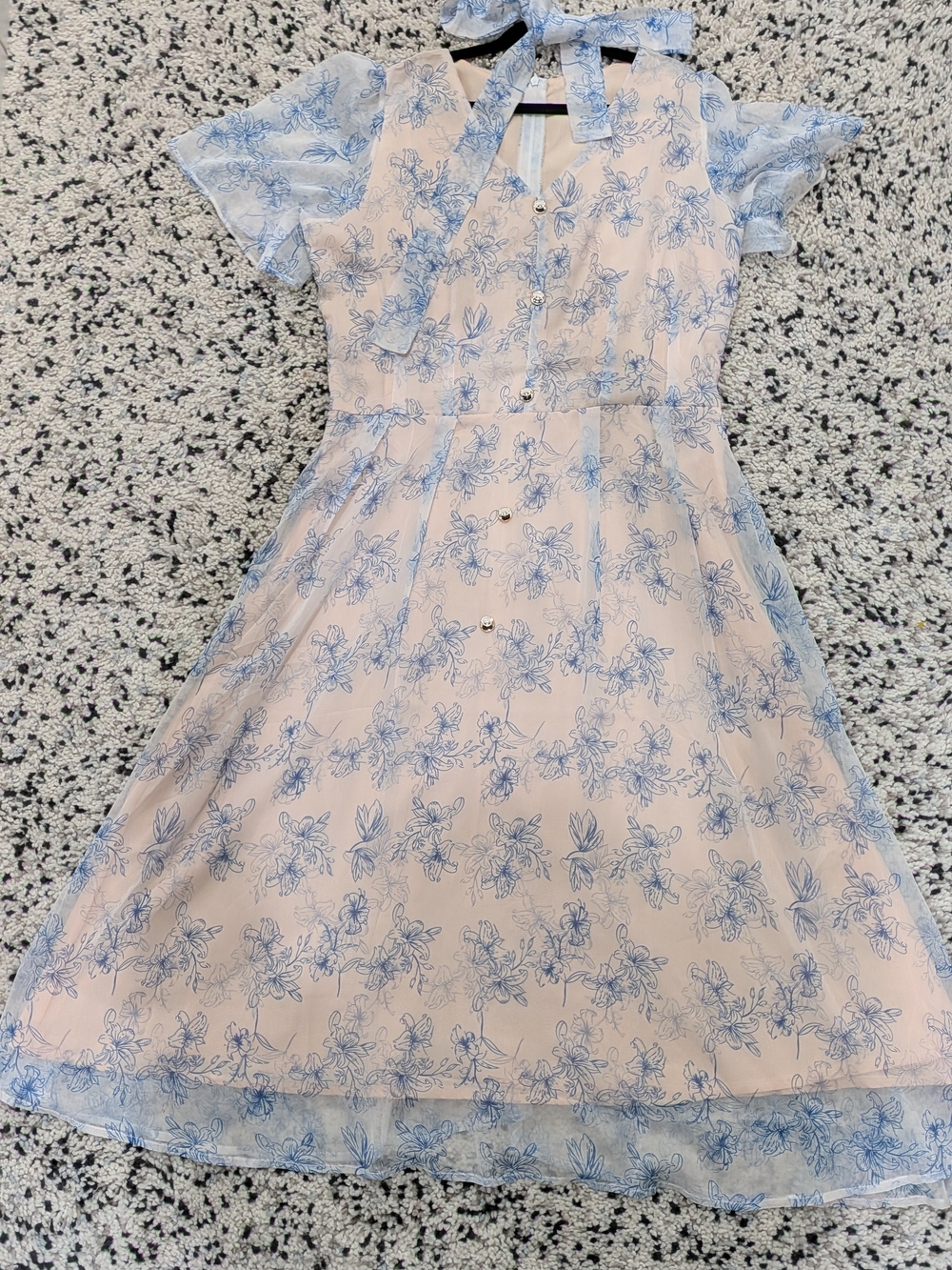 Light Pink Floral‎ Tie-Neck Dress with Blue Print